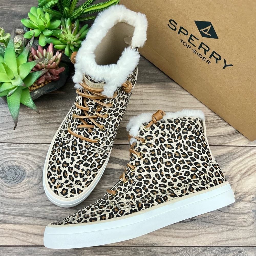 NIB Sperry Top Sider Crest Faux Fur High Top Sneaker Animal Print Tan 9M 40